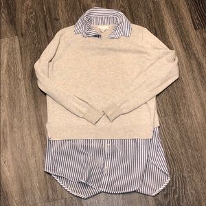 Sweater with built in striped button up shirt